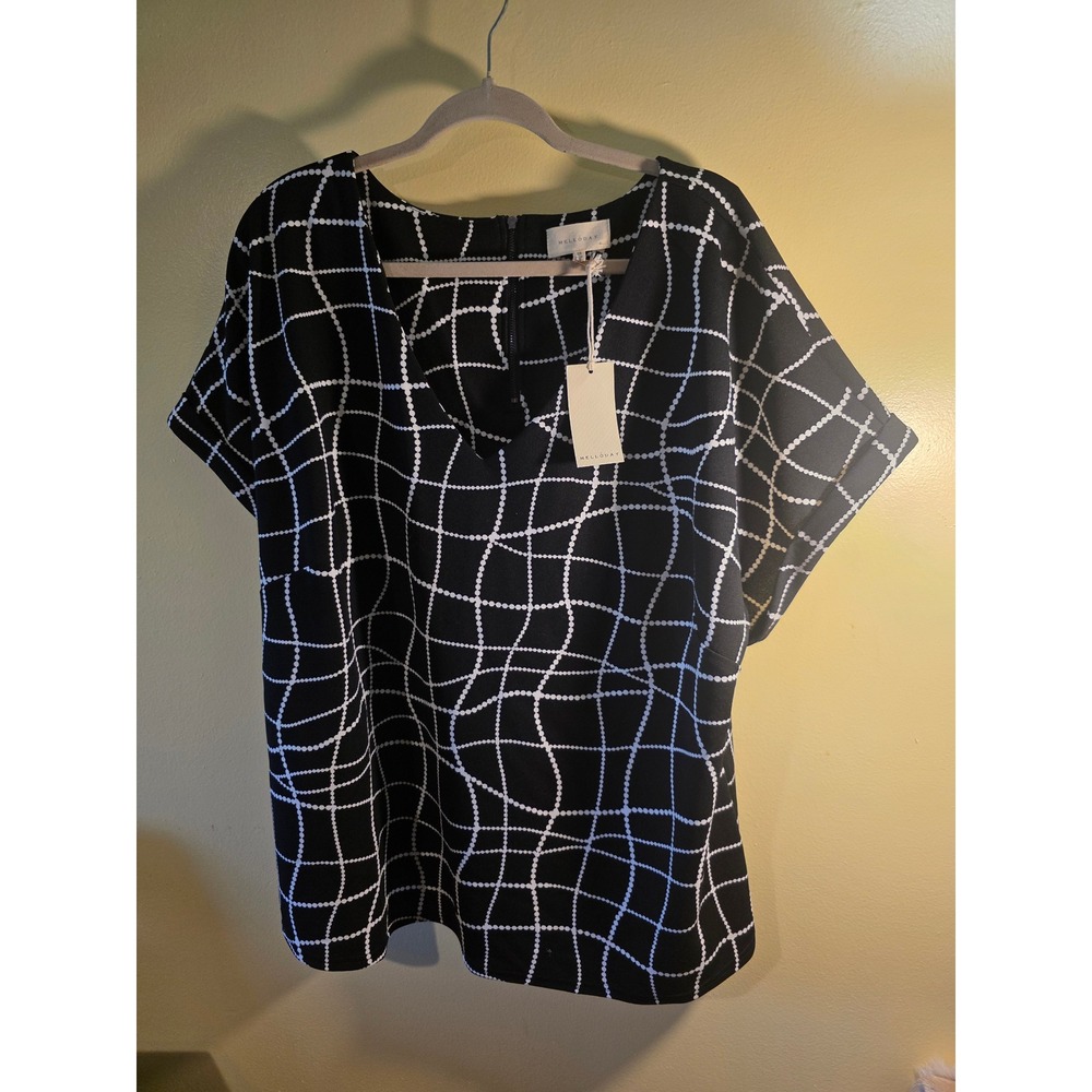 Melloday Womens 2X Black White Dotted Grid V-Neck Blouse Top NWT CET204611-BPL